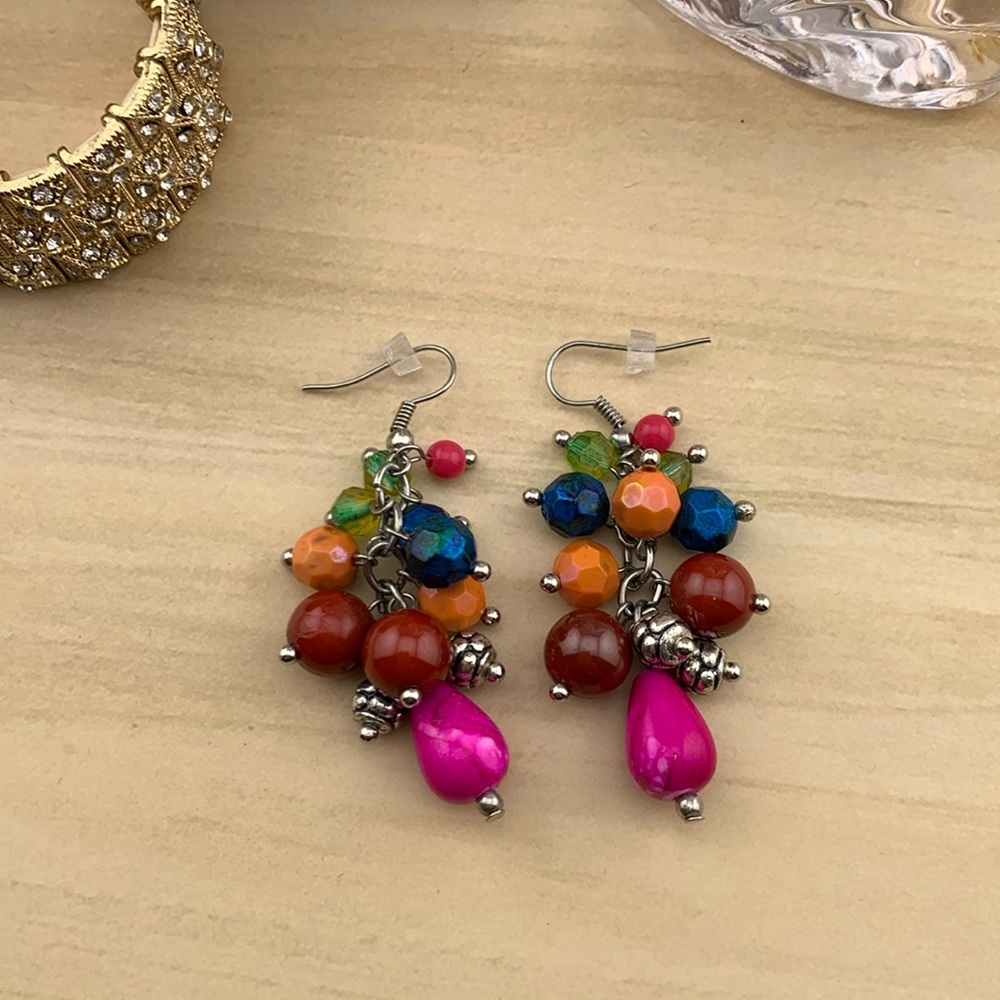 Multicolored Boho Blue Pink Orange Cluster Silver Tone Beaded Dangle Earrings